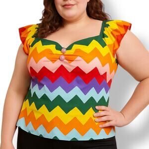 ModCloth X Collectif Rainbow Striped Abstract Button Front Short Sleeve Top 16